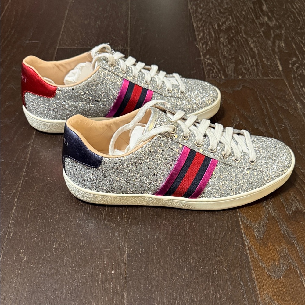 Gucci Silver Glitter Lace-Up Sneakers with Pink & Blue Stripes - Picture 4 of 8